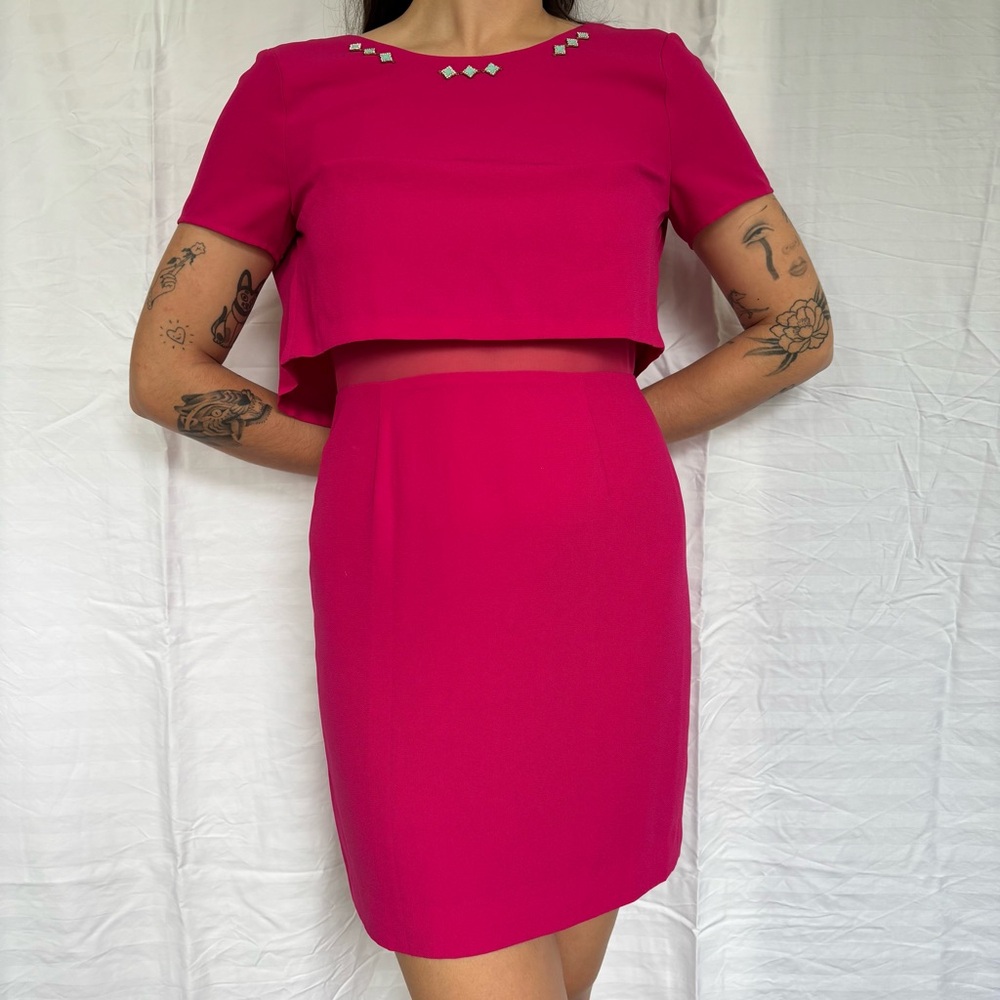 Pink cocktail dress with turquoise detailing